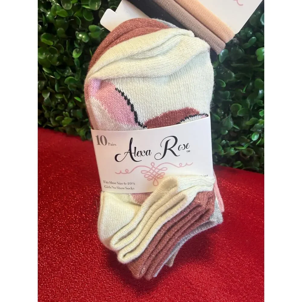 Alexa Rose Girls No Show Socks 10 Pack Matching Hair Ties Pastel Pink Cream 6-10